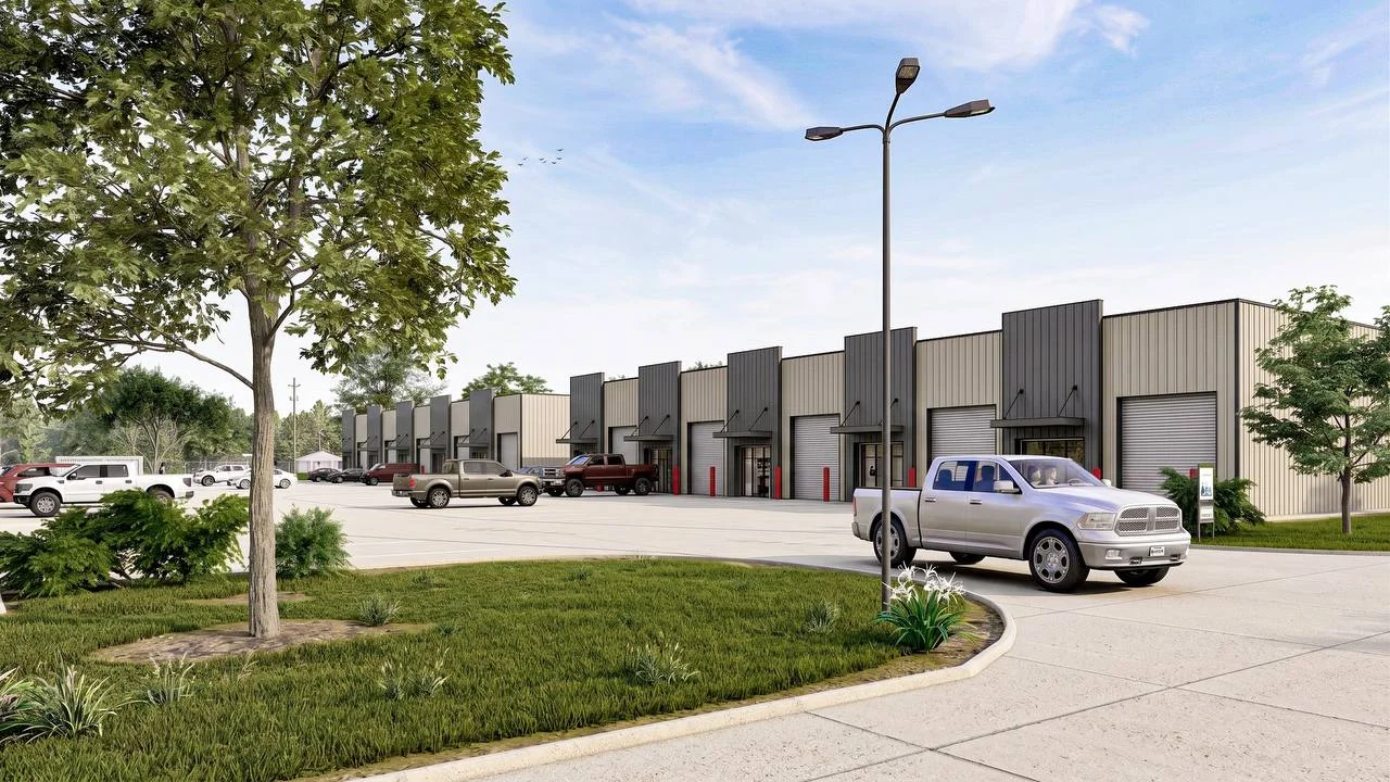 Bammel Phase 1 render — front elevation with grade-level doors and landscaped entry, NW Houston flex office warehouse for lease