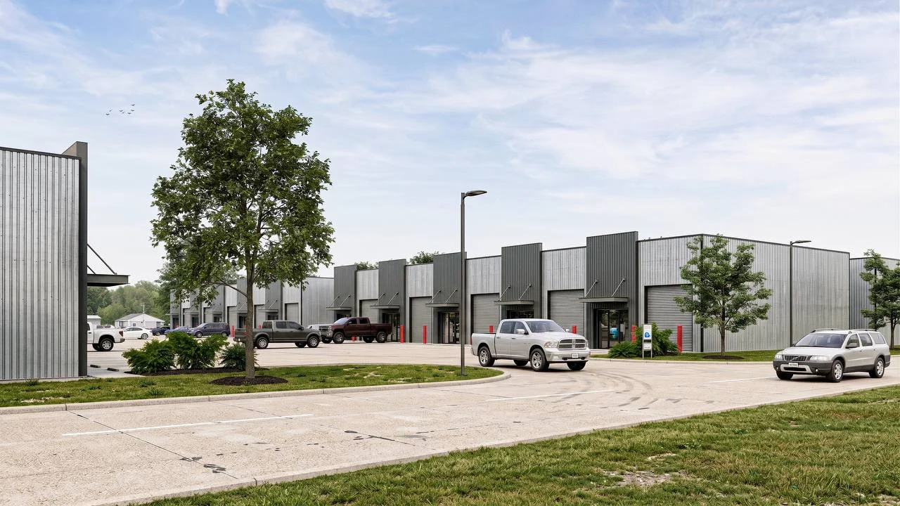 Bammel Phase 1 render — flex office warehouse complex front view from street, landscaping and tenant parking