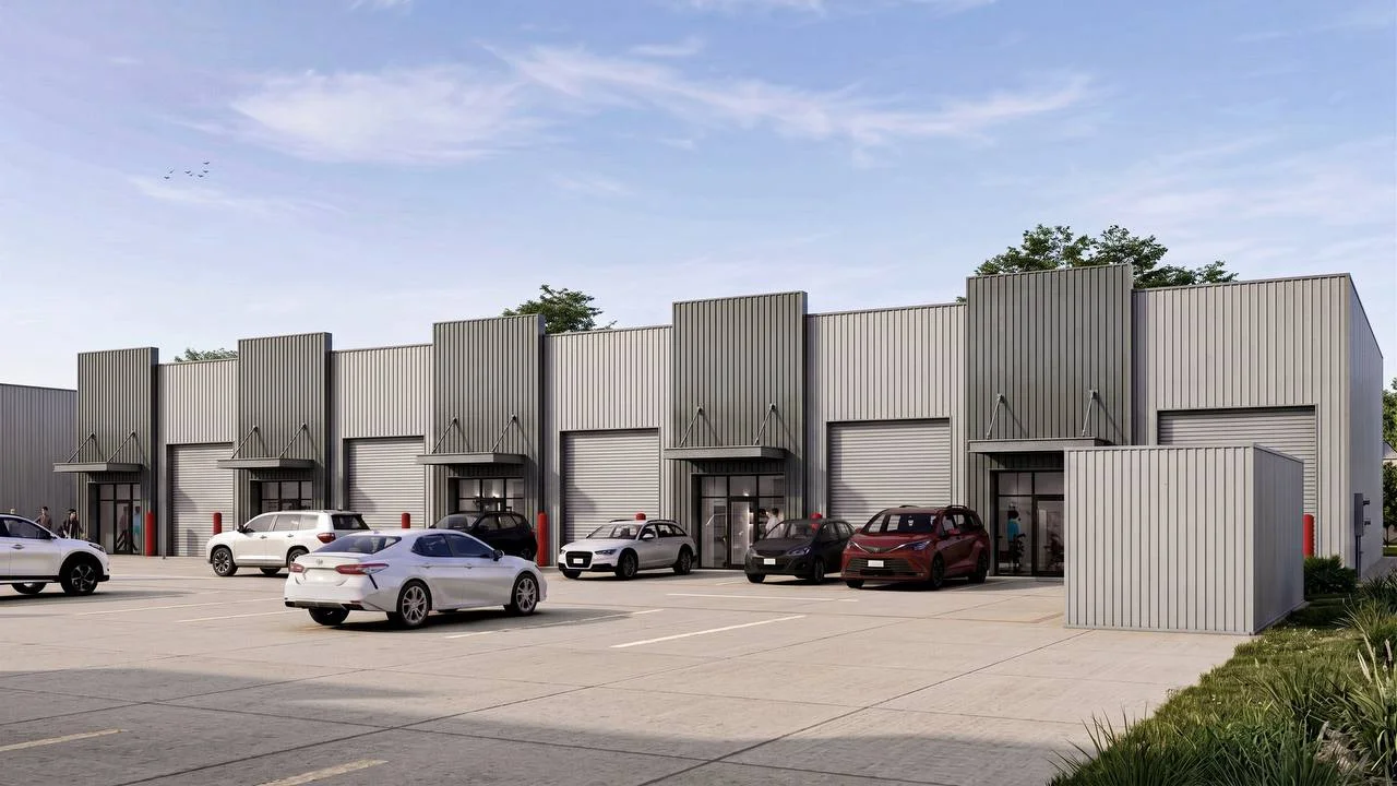 Bammel Phase 1 render — full row of flex office warehouse suites with tenant parking and pedestrian activity
