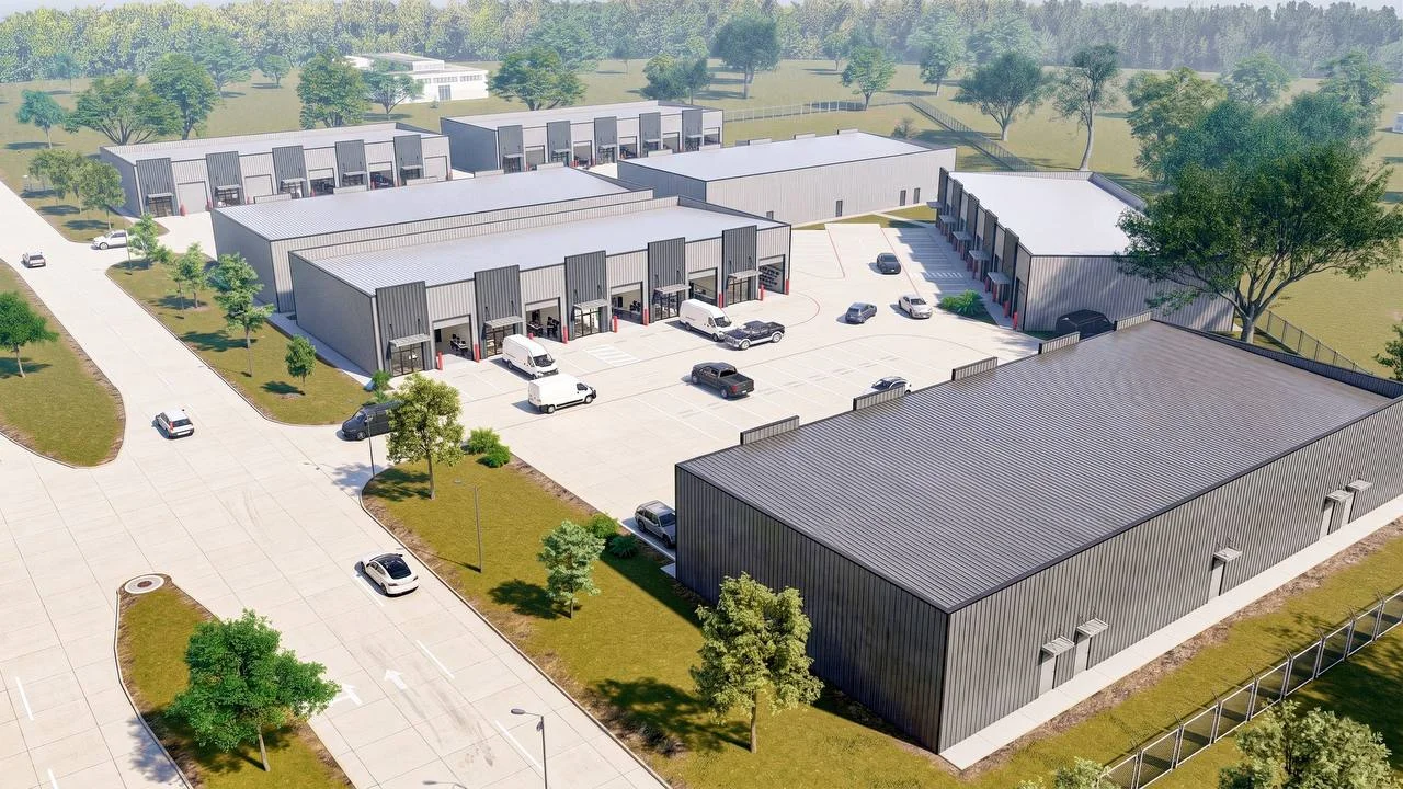 Bammel Business Park Phase 1 aerial render — two-building site plan, ten 1,950 SF flex office warehouse suites with parking, 12902 Bammel N Houston Rd Houston TX 77066