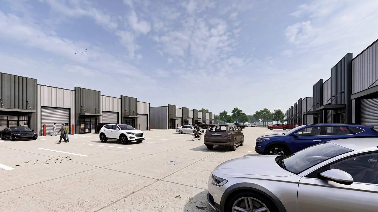 Bammel Phase 1 render — interior courtyard between Building A and Building B, flex office warehouse suites facing shared drive aisle