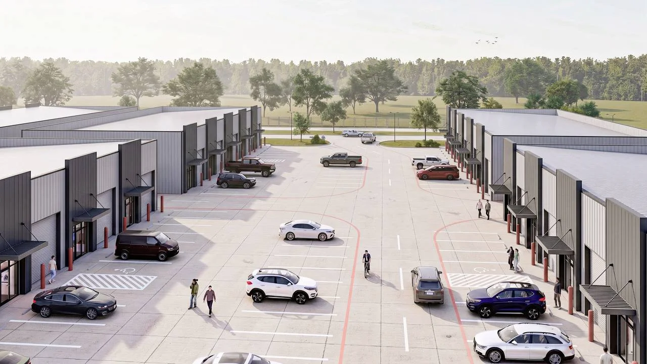Bammel Phase 1 elevated render — courtyard between two buildings toward back greenway, parking and signage bollards