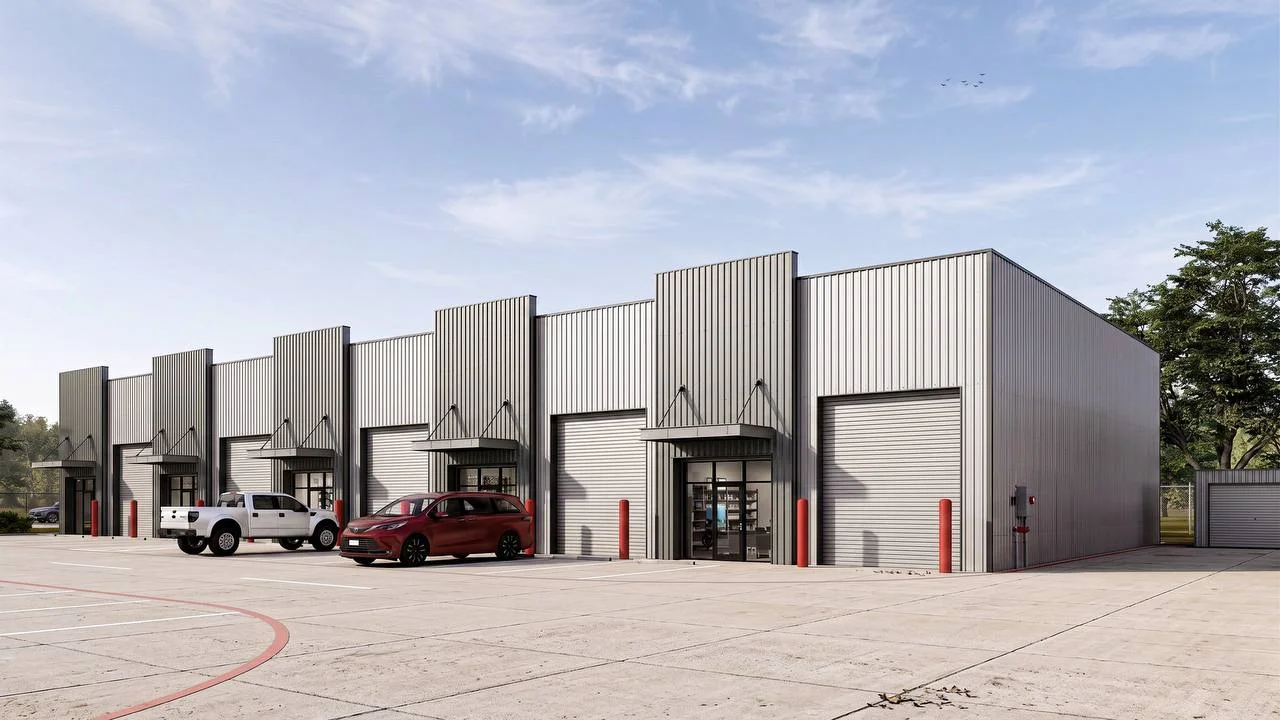Bammel Phase 1 render — oblique end-cap view of one building showing entire run of flex office warehouse suites in perspective
